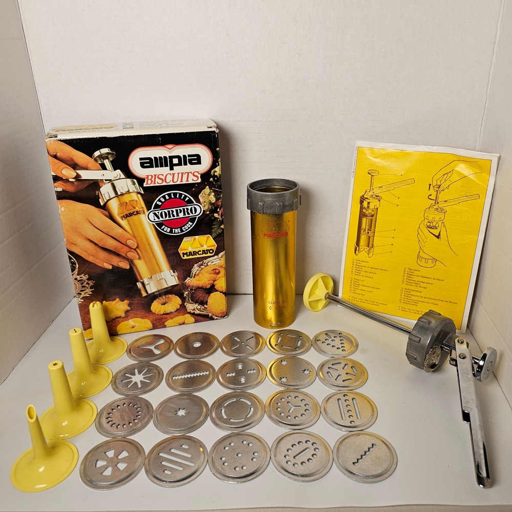 Marcato Ampia Atlas Biscuits Cookie Press Italy Gold Norpro 20 Discs 4 Nozzles